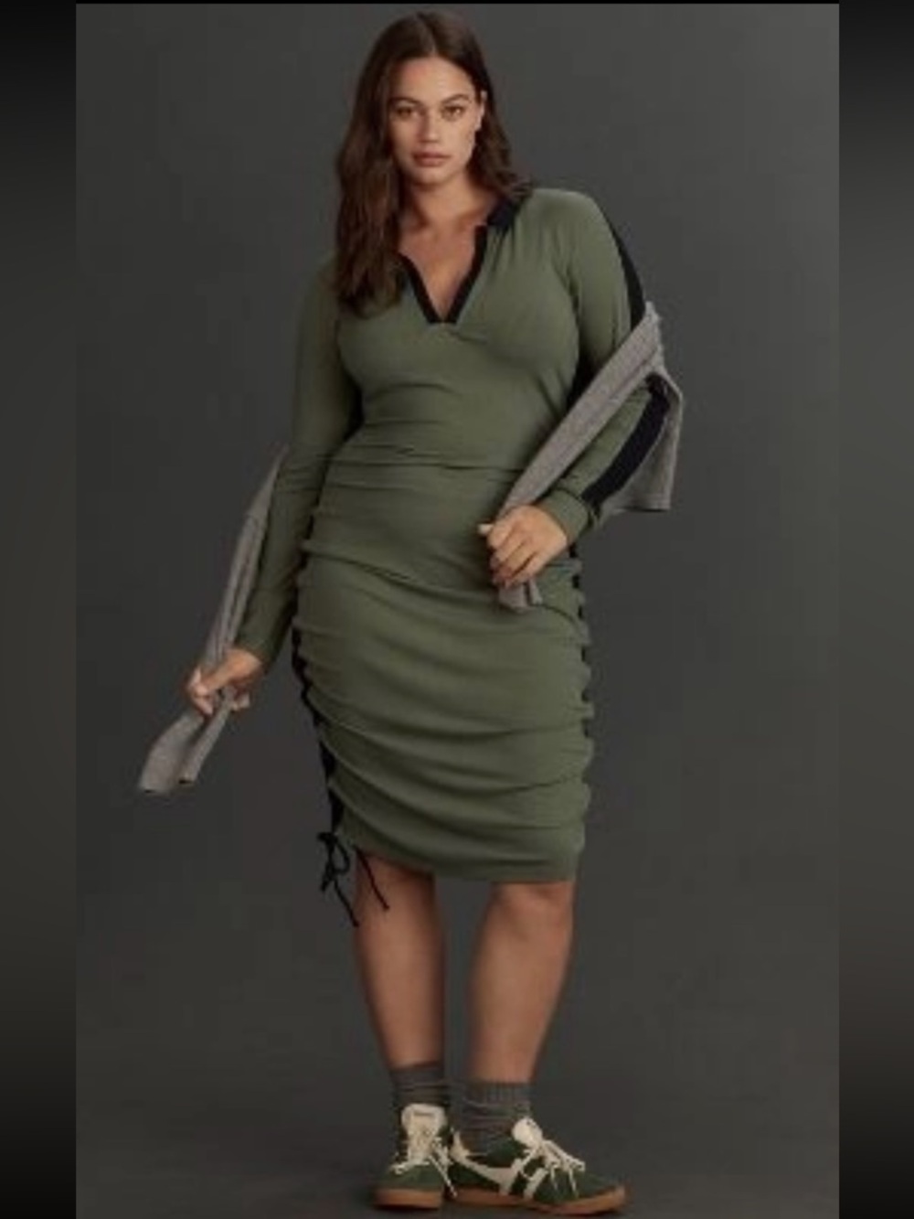Anthropologie Olive Green Long-Sleeve Ruched Midi Dress
